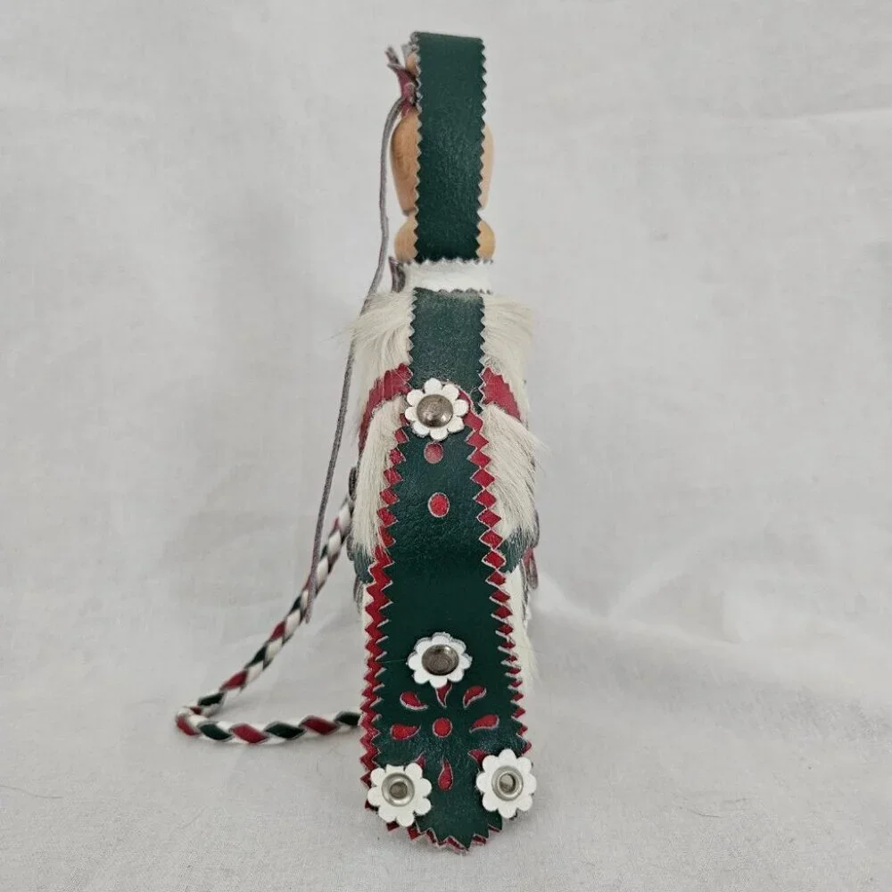 Vintage Hungarian Leather & Cowhide Decorative Canteen Flask – Red Green White